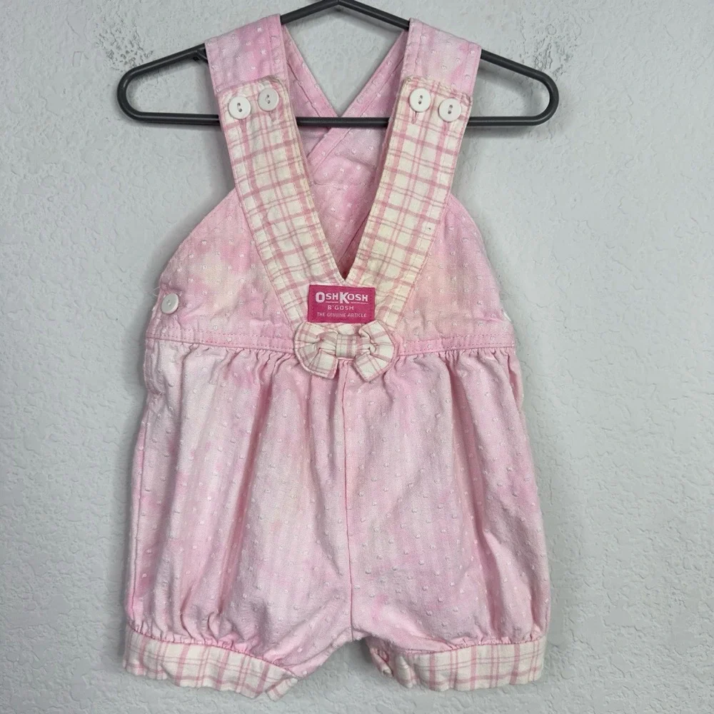 OshKosh B'Gosh Overall Shorts Girls 18M Pink Plaid Boucle VTG Made in USA Romper